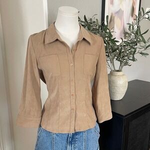 EKO Faux Suede Button Down Shirt Womens XL Tan 3/4 Sleeve Utility
